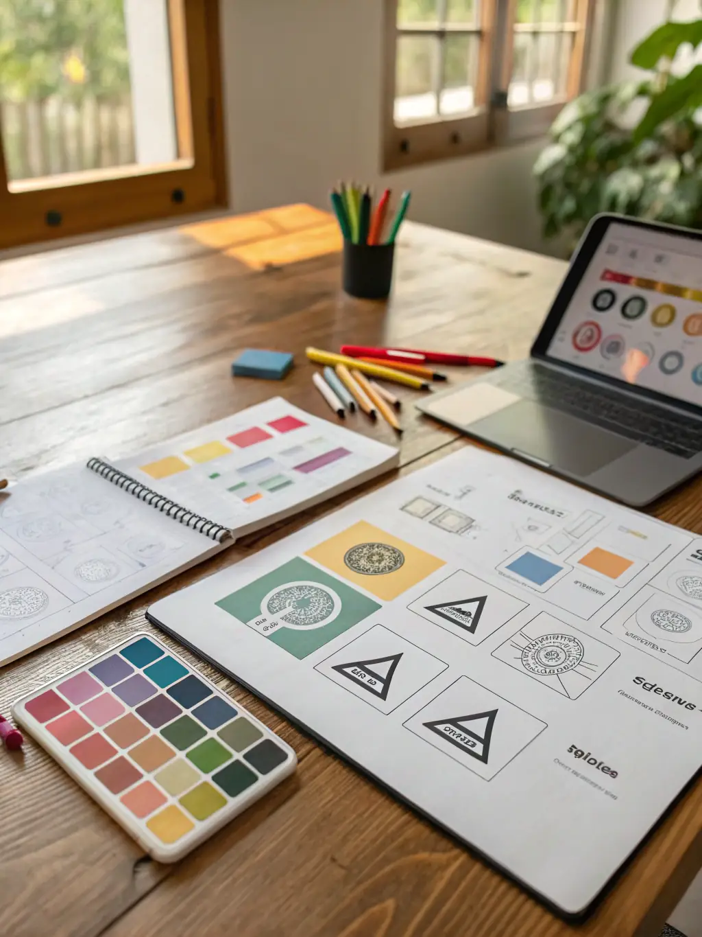 An image featuring a designer working on a logo, surrounded by design tools and color palettes, representing Boha's graphic design services and creative expertise.