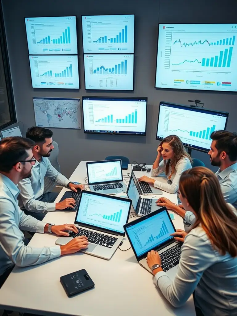 An image of a digital marketing team analyzing data and metrics on a computer screen, showing charts and graphs.