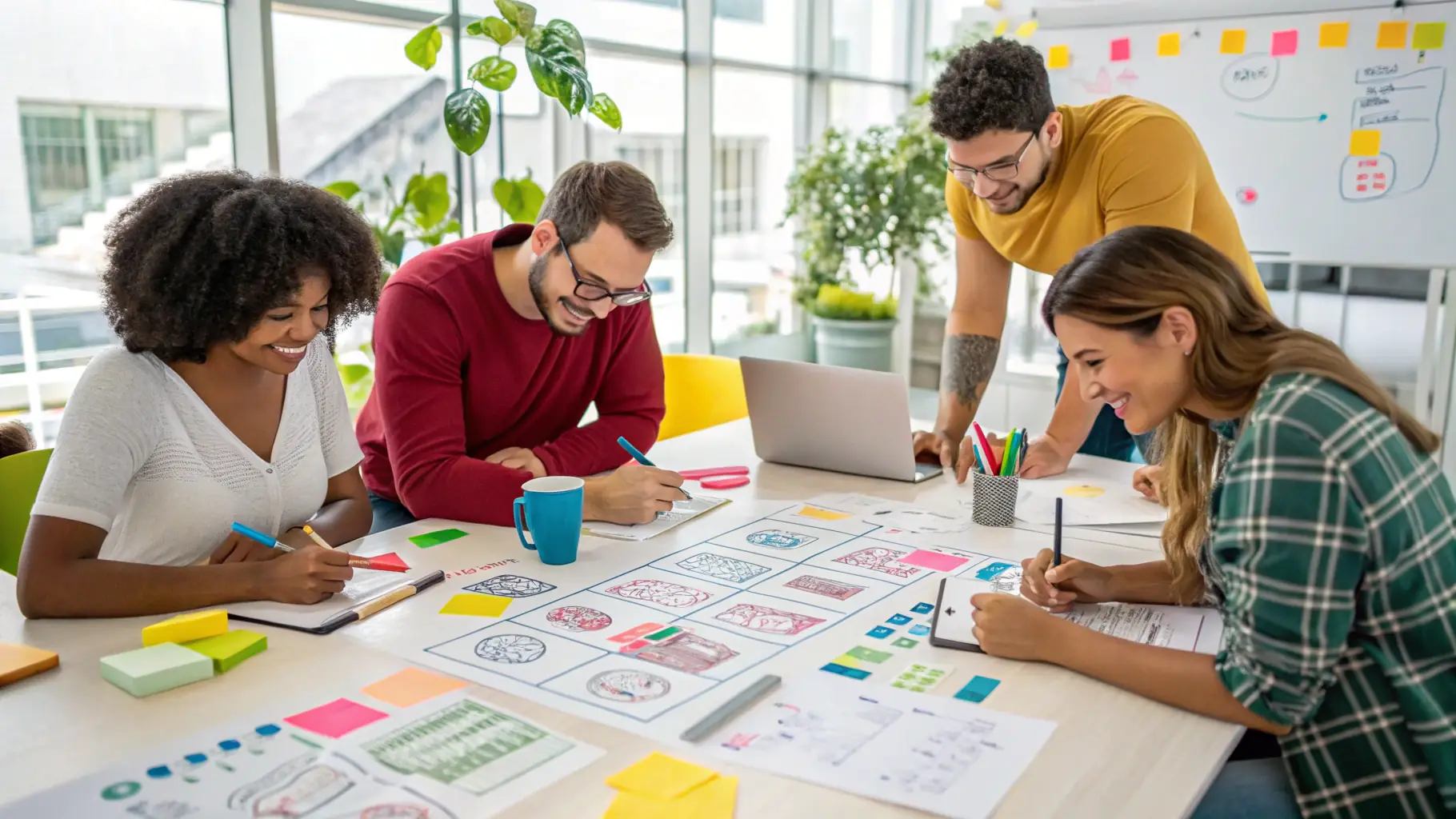 A team of branding experts collaborating on a brand strategy, with creative visuals and data analysis tools.