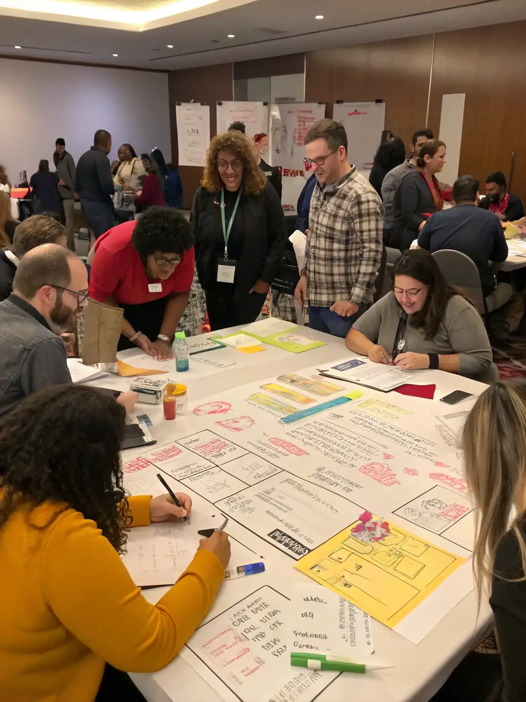 An image showcasing a brainstorming session with team members discussing brand strategy, with sticky notes and charts on a whiteboard.