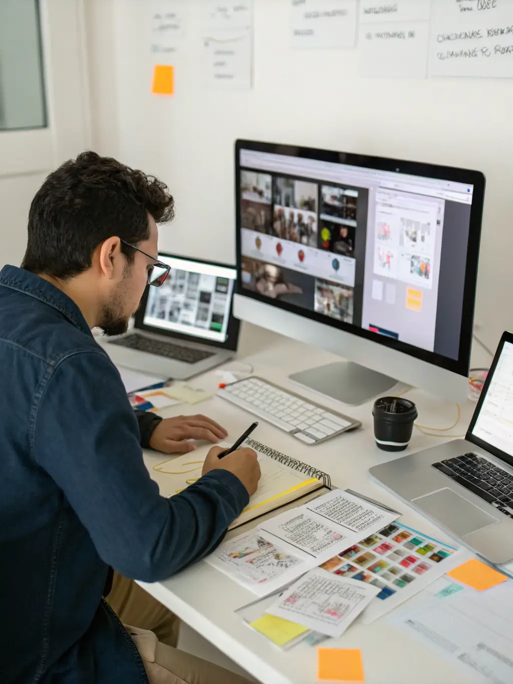 An image of a designer working on a graphic design project with various design tools, such as Adobe Illustrator and Photoshop.