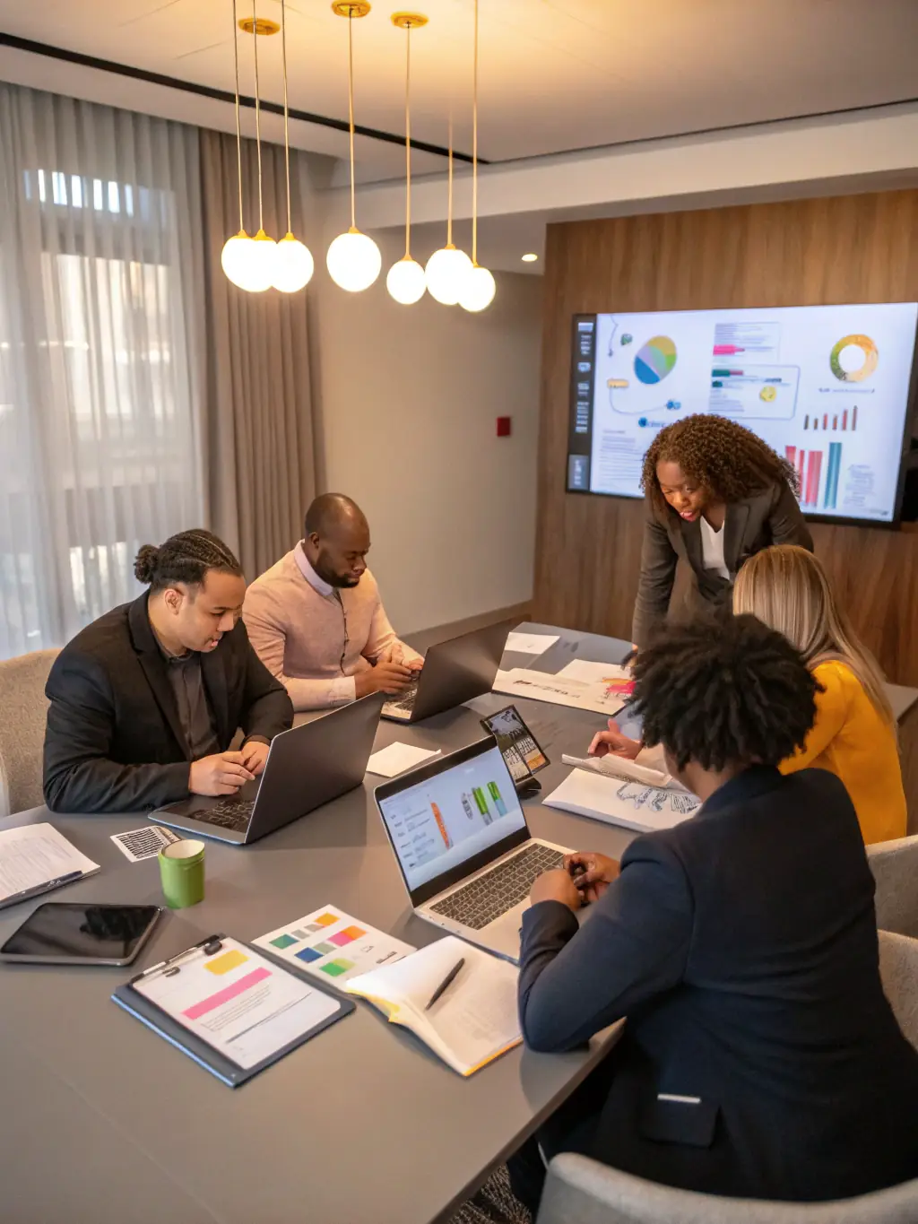 A professional photograph showcasing a team brainstorming session in a modern office, emphasizing collaboration and creative thinking for brand strategy development at Boha Marketing Agency.